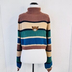 Romwe sz Medium Kawaii Teddy Bear Cropped Sweater Turtleneck Stripes Women's